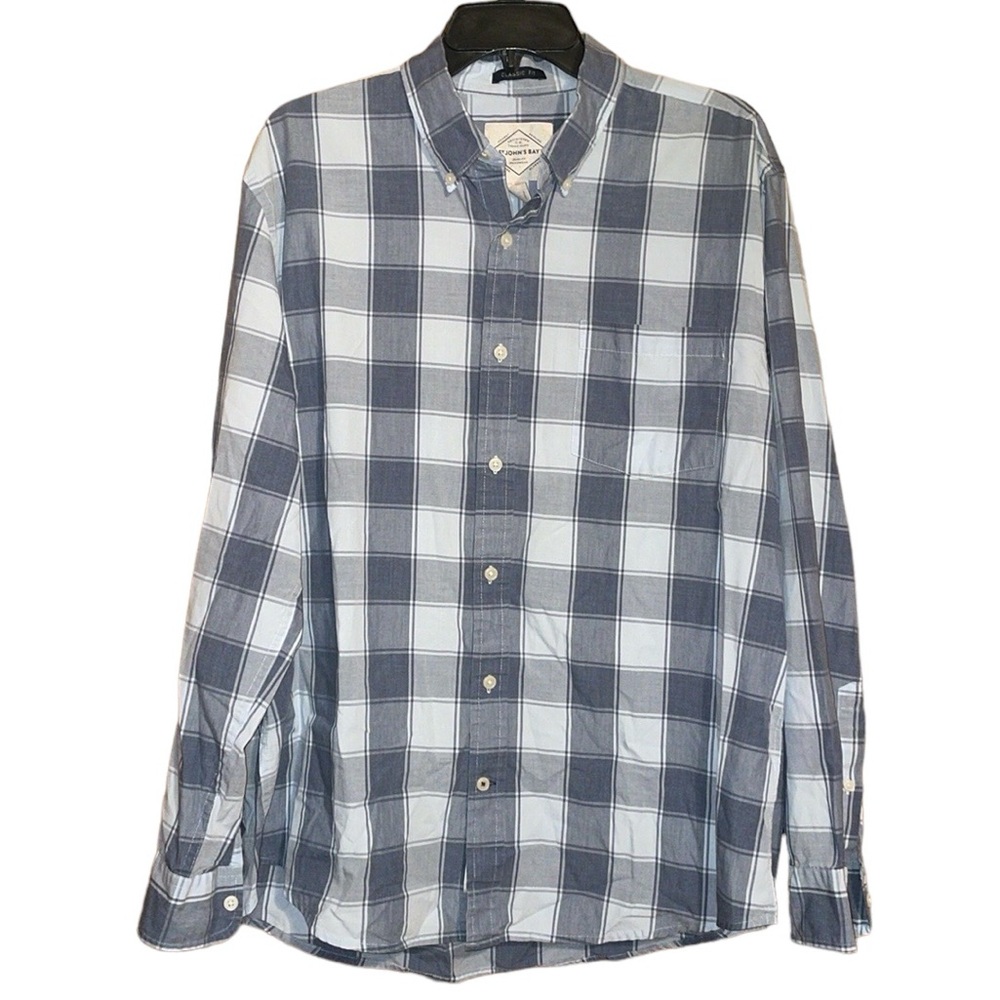 •ST. JOHNS BAY•BLUE PLAID CLASSIC FOT BUTTON UP COLLAR SHIRT SIZE LARGE